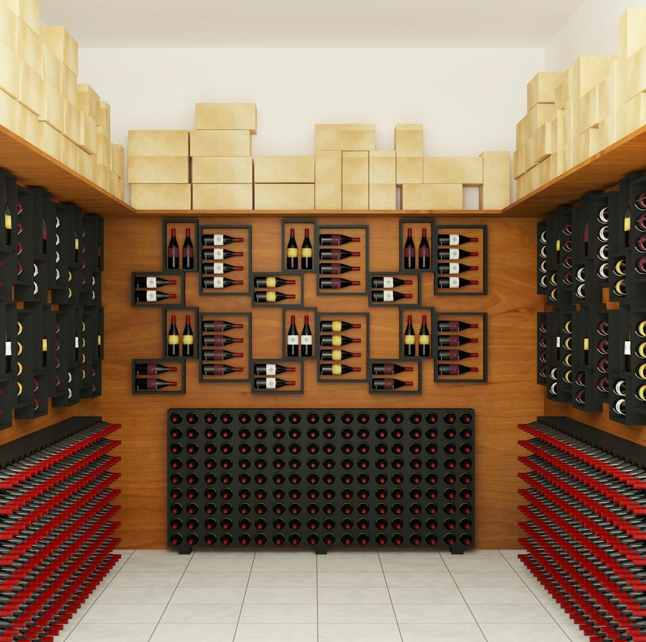Elegancka piwniczka z winem z butelkami ułożonymi na drewnianych półkach